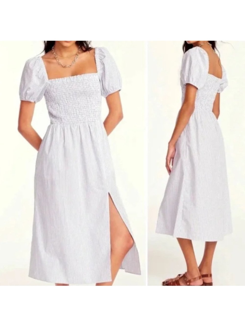 J.Crew Smocked Puff Sleeve Square Neck Striped Midi Dress Womens Size XS Coastal